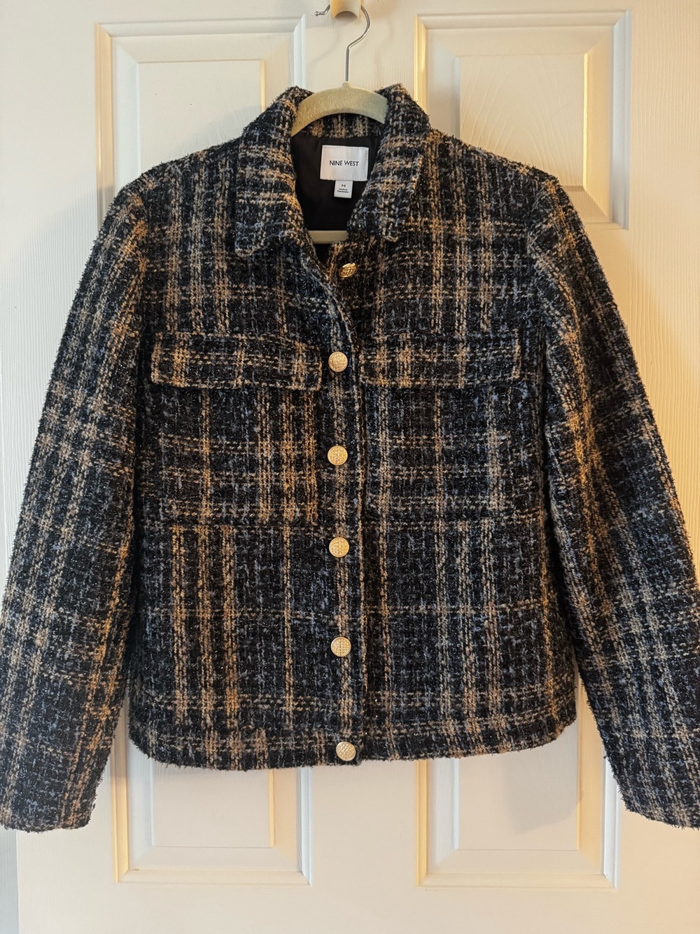 NINE WEST- Black, Tan, Blue Tweed Boucle Button-Front Blazer Jacket - Size Med.